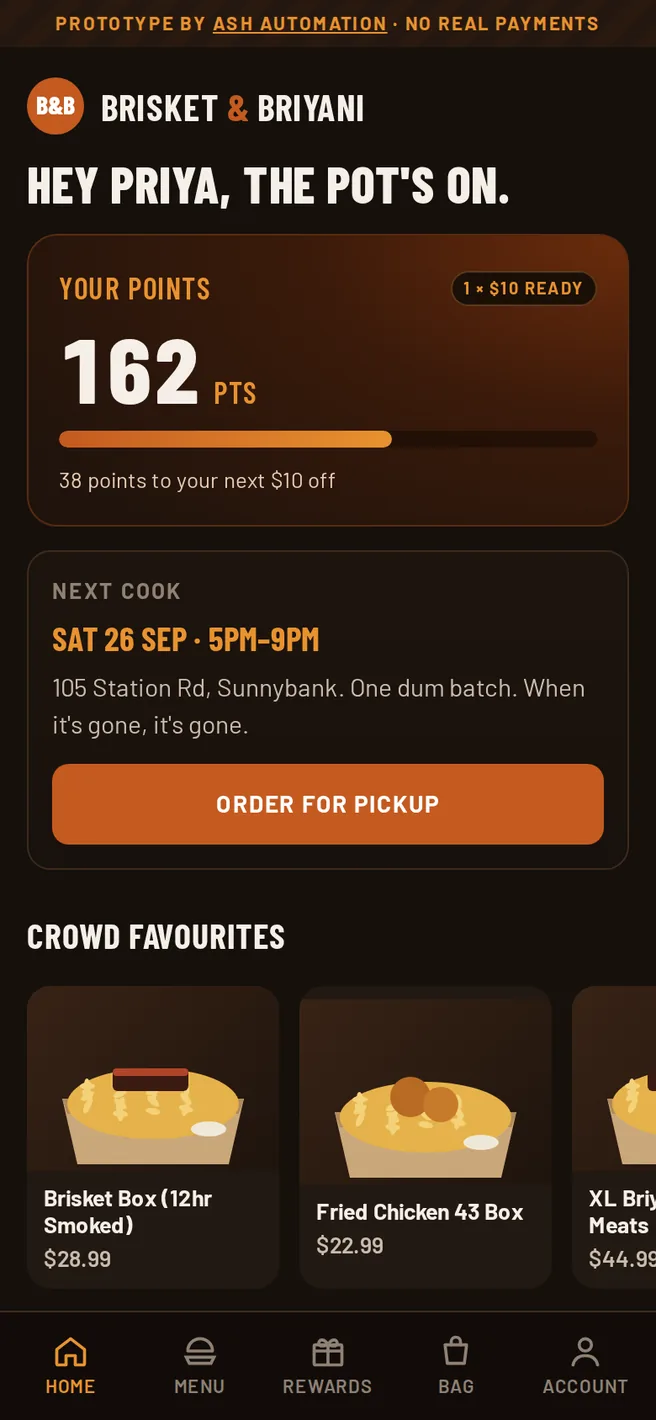 Brisket and Briyani app home screen: 162 points, next cook Saturday 5pm to 9pm, and crowd favourites