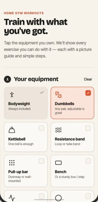 Home Gym Workouts on iPhone: pick your equipment, with dumbbells selected